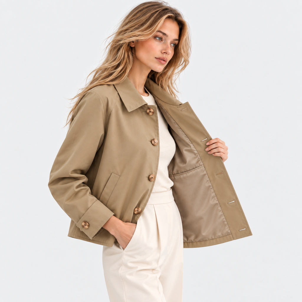 Short trench coat with point collar, button front and slanted pockets - view 2