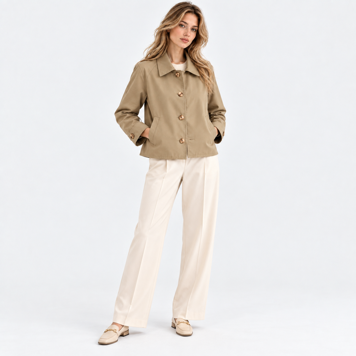 Short trench coat with point collar, button front and slanted pockets - view 3