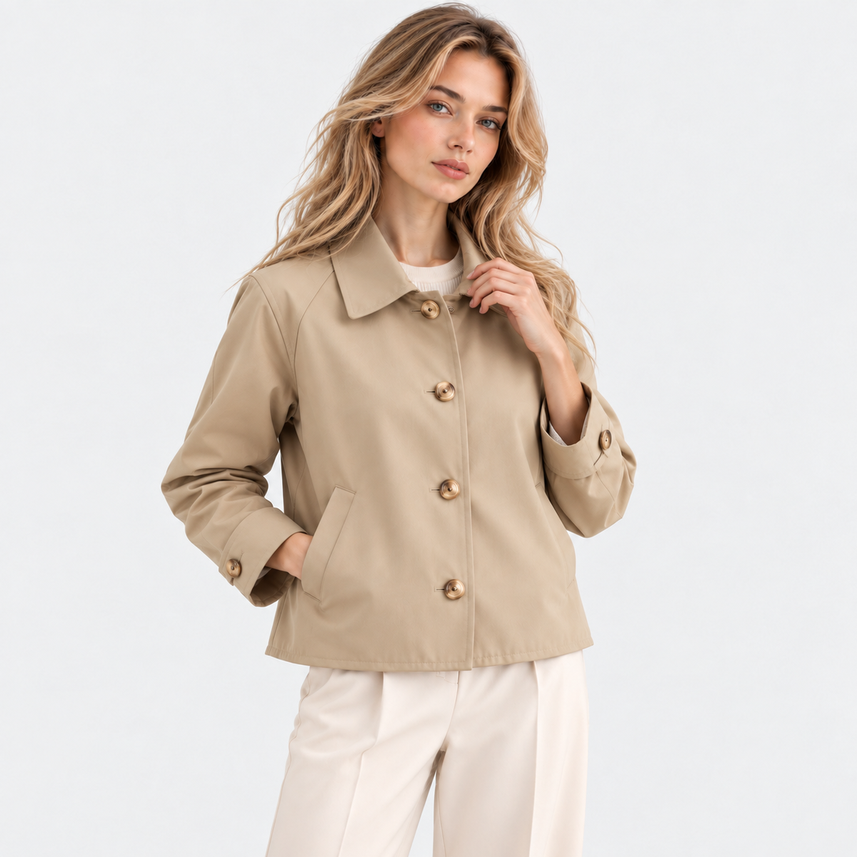 Short trench coat with point collar, button front and slanted pockets - view 6