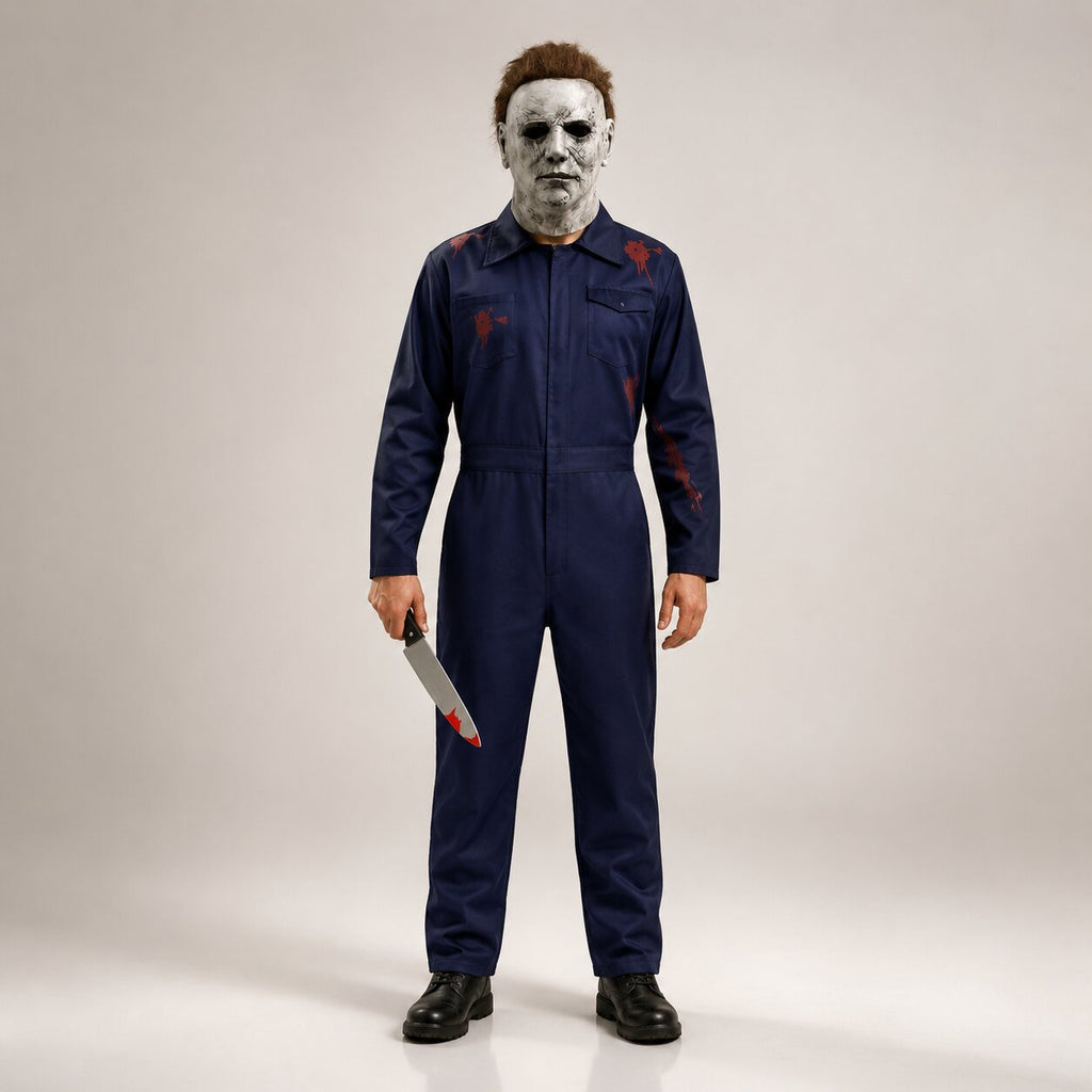 Easy horror Halloween costume set with navy coverall, full-head mask and prop knife