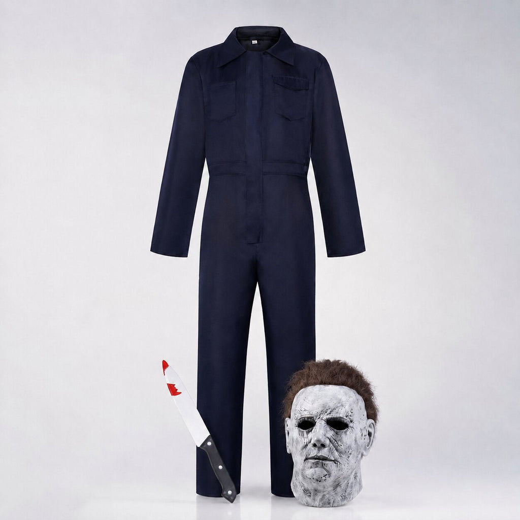 Easy horror Halloween costume set with navy coverall, full-head mask and prop knife - view 2