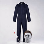Easy horror Halloween costume set with navy coverall, full-head mask and prop knife - view 2