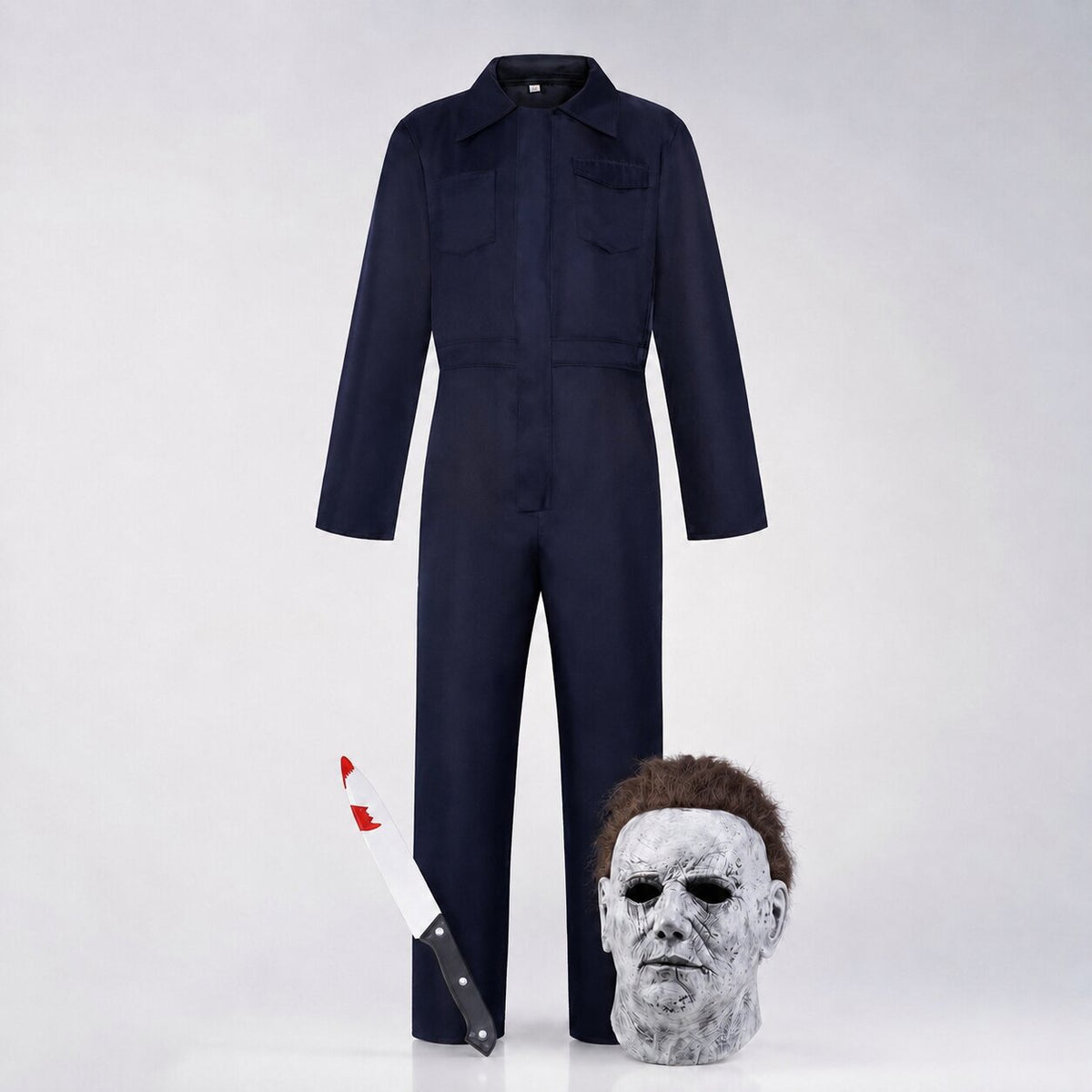 Easy horror Halloween costume set with navy coverall, full-head mask and prop knife - view 2