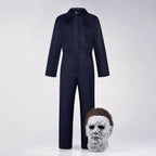 Easy horror Halloween costume set with navy coverall, full-head mask and prop knife - view 3