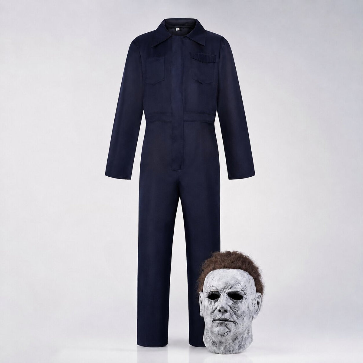 Easy horror Halloween costume set with navy coverall, full-head mask and prop knife - view 3