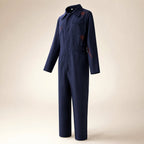 Easy horror Halloween costume set with navy coverall, full-head mask and prop knife - view 5