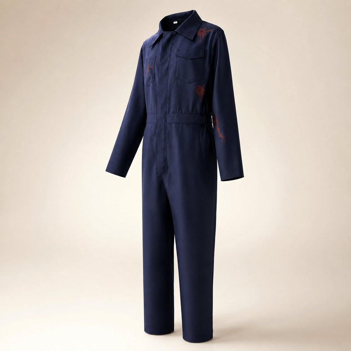 Easy horror Halloween costume set with navy coverall, full-head mask and prop knife - view 5