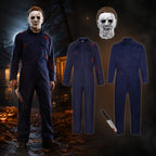 Easy horror Halloween costume set with navy coverall, full-head mask and prop knife - view 6