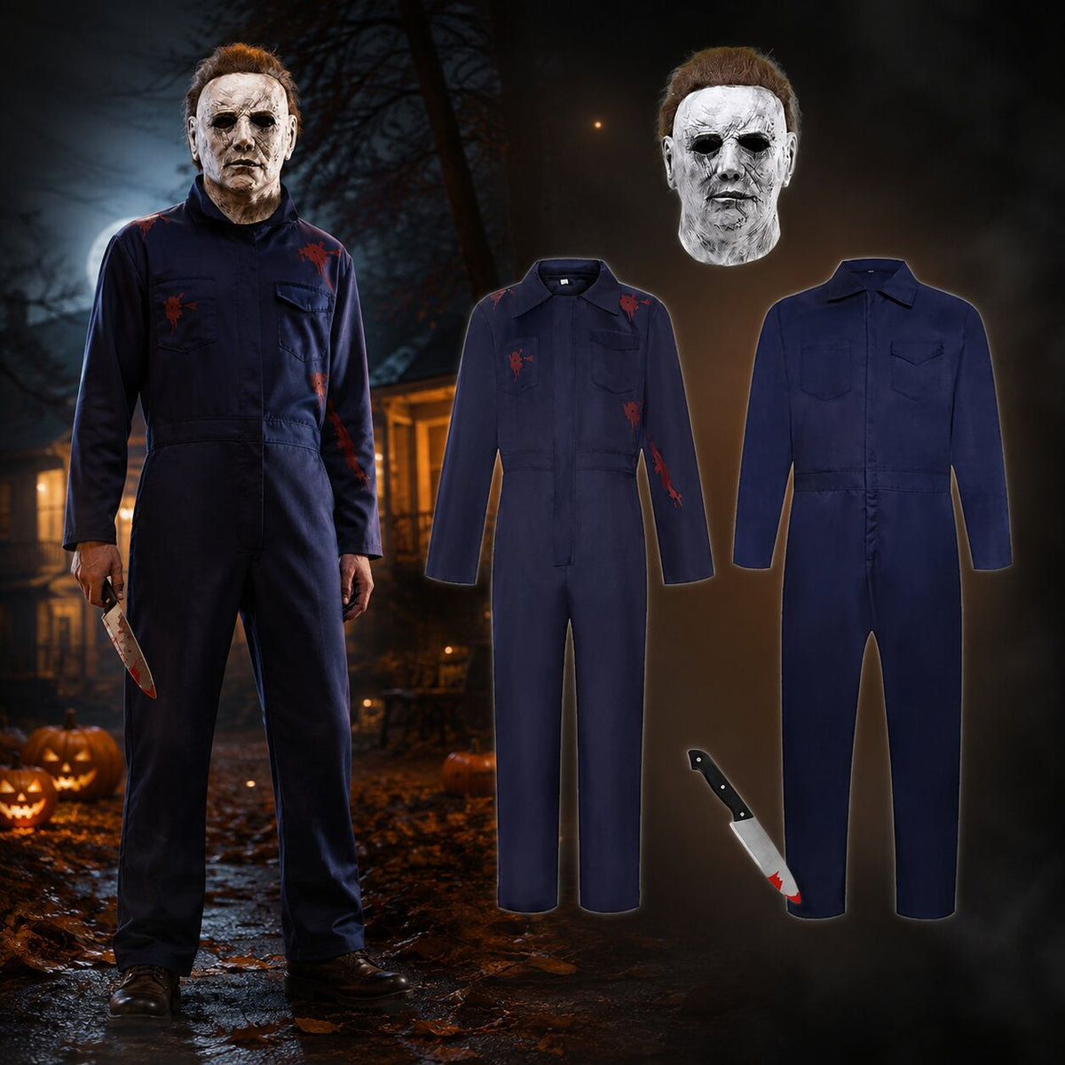 Easy horror Halloween costume set with navy coverall, full-head mask and prop knife - view 6