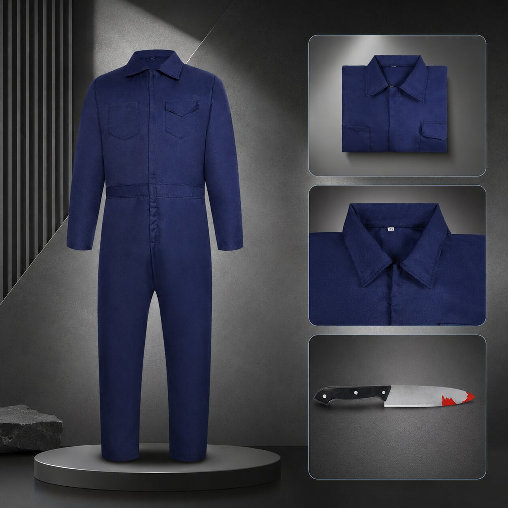 Easy horror Halloween costume set with navy coverall, full-head mask and prop knife - view 7