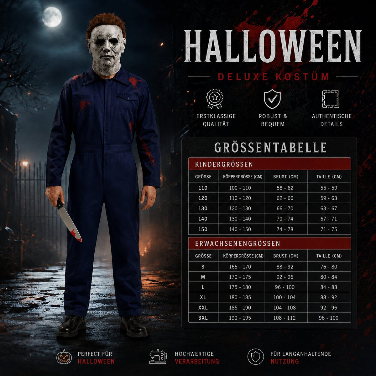 Easy horror Halloween costume set with navy coverall, full-head mask and prop knife - view 8