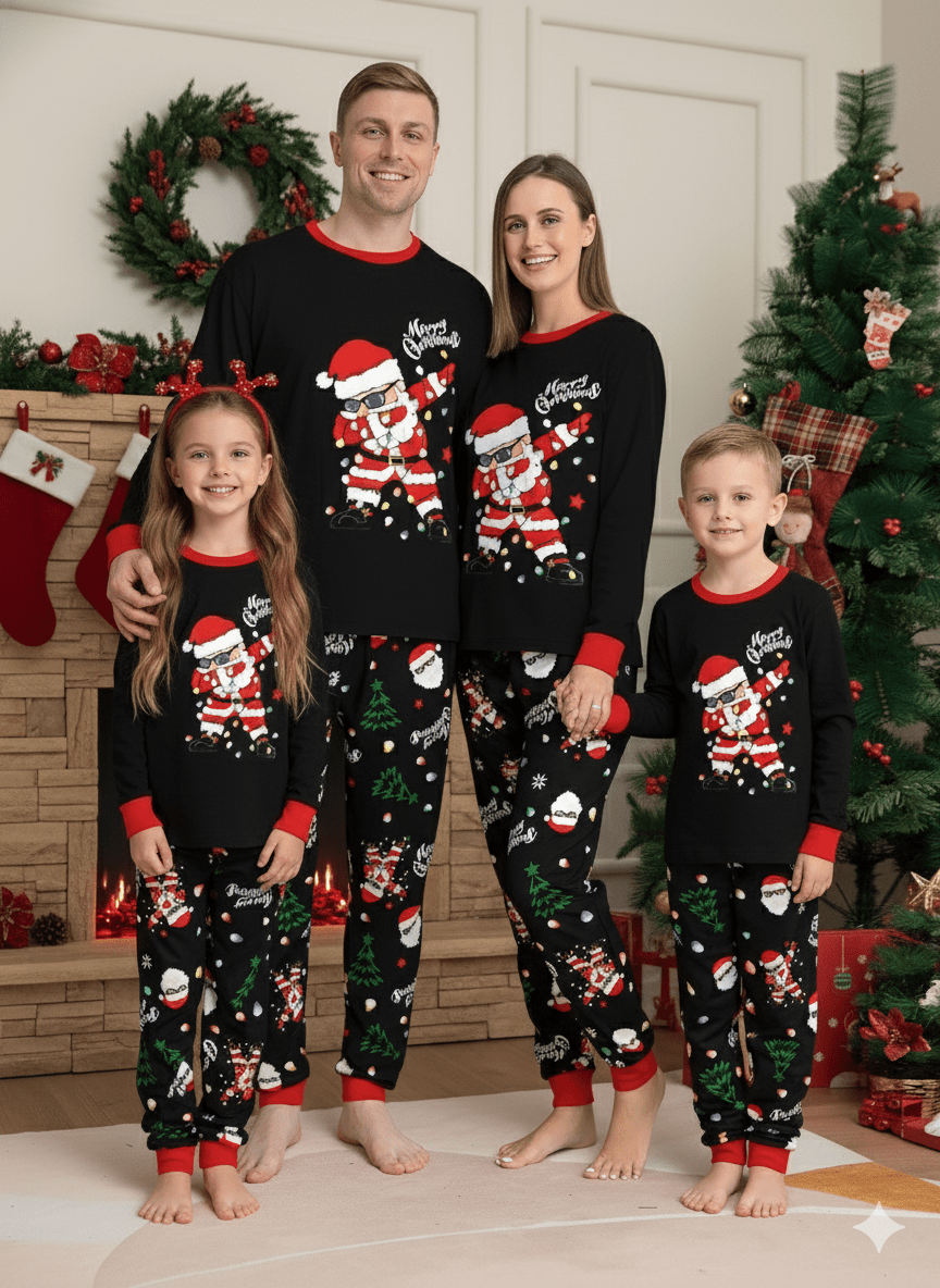 Matching family Christmas pajamas, black top with dabbing Santa graphic and Christmas print jogger pants with red cuffs
