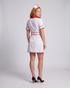 Women's white nurse costume mini dress with red lapels, red piping and matching red cross cap - view 4
