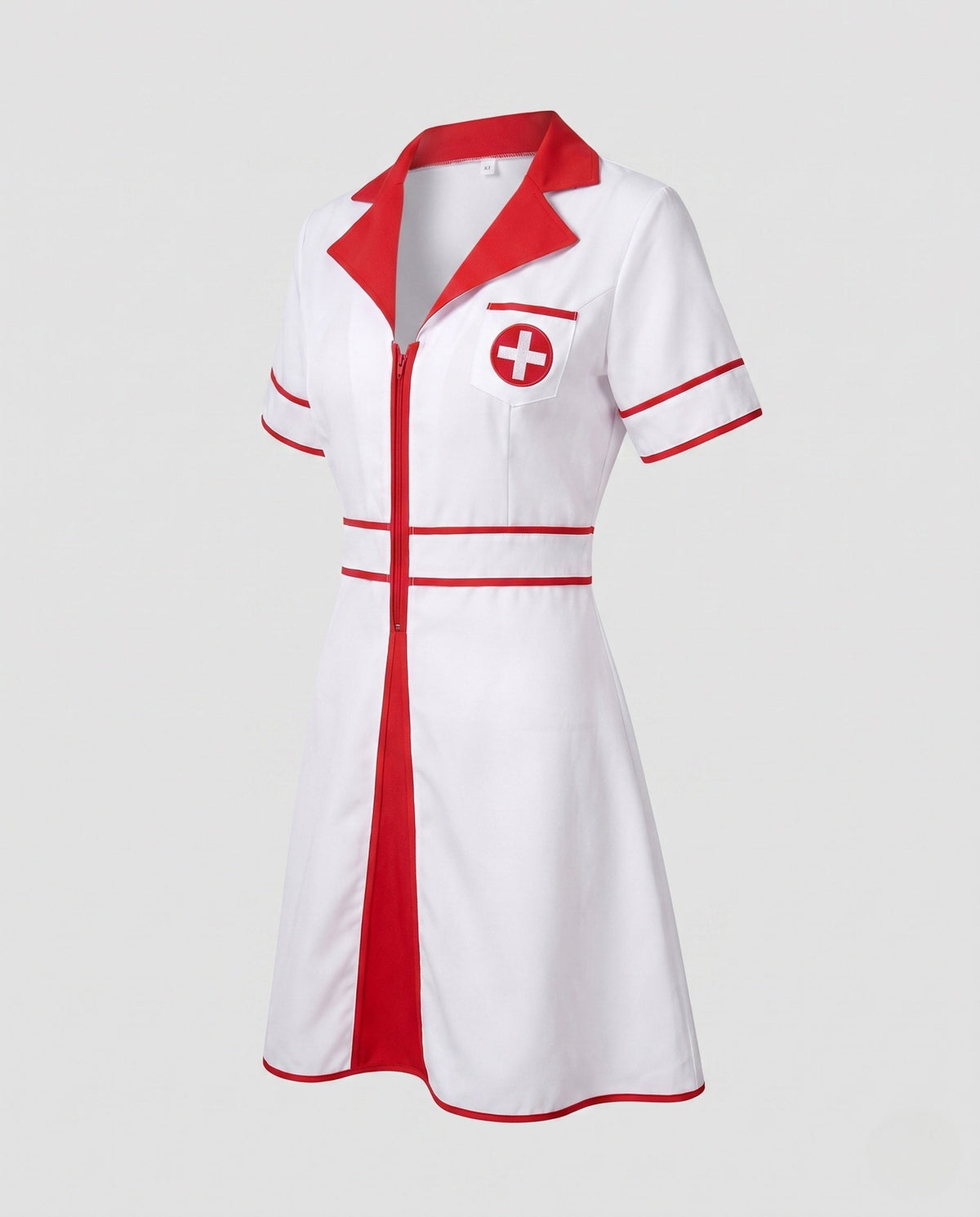 Women's white nurse costume mini dress with red lapels, red piping and matching red cross cap - view 5