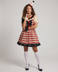 Women's red and cream harlequin clown Halloween costume dress with ruffled collar and red pom-poms