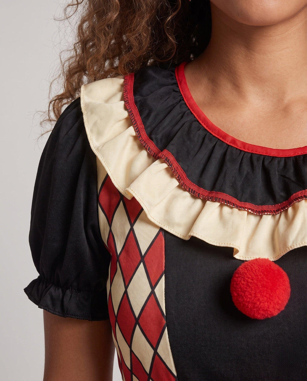 Women's red and cream harlequin clown Halloween costume dress with ruffled collar and red pom-poms - view 2