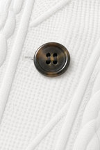 White textured knit blazer women wear for work, with stand collar, cable pattern and three-button front - view 8