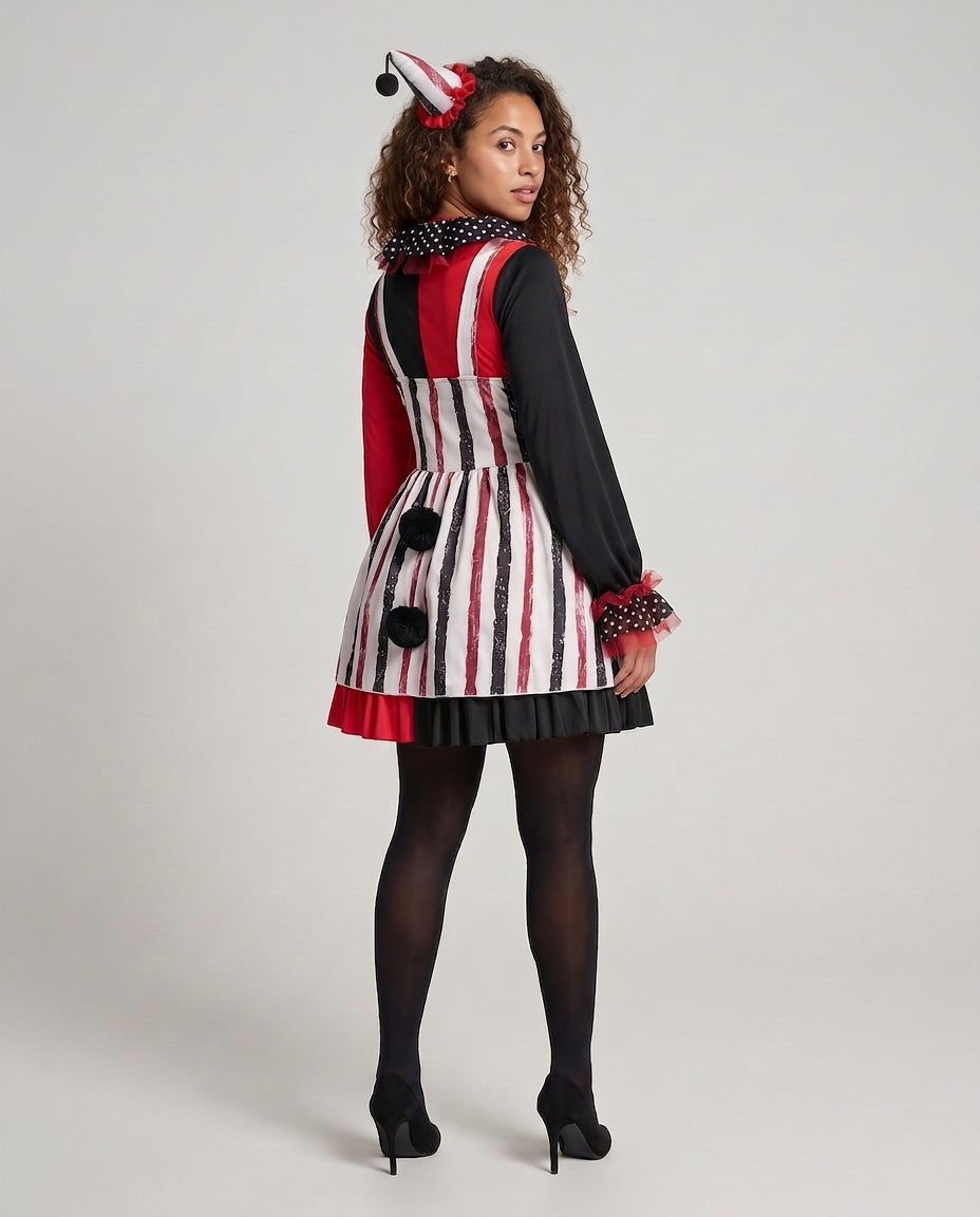 Women's clown Halloween costume with red and black striped pinafore, polka dot ruffle collar and long sleeves - view 3