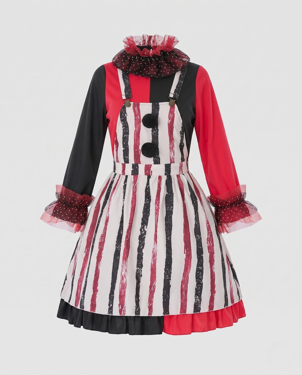 Women's clown Halloween costume with red and black striped pinafore, polka dot ruffle collar and long sleeves - view 4