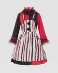 Women's clown Halloween costume with red and black striped pinafore, polka dot ruffle collar and long sleeves - view 4