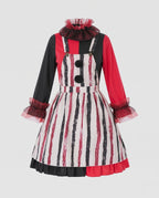 Women's clown Halloween costume with red and black striped pinafore, polka dot ruffle collar and long sleeves - view 4