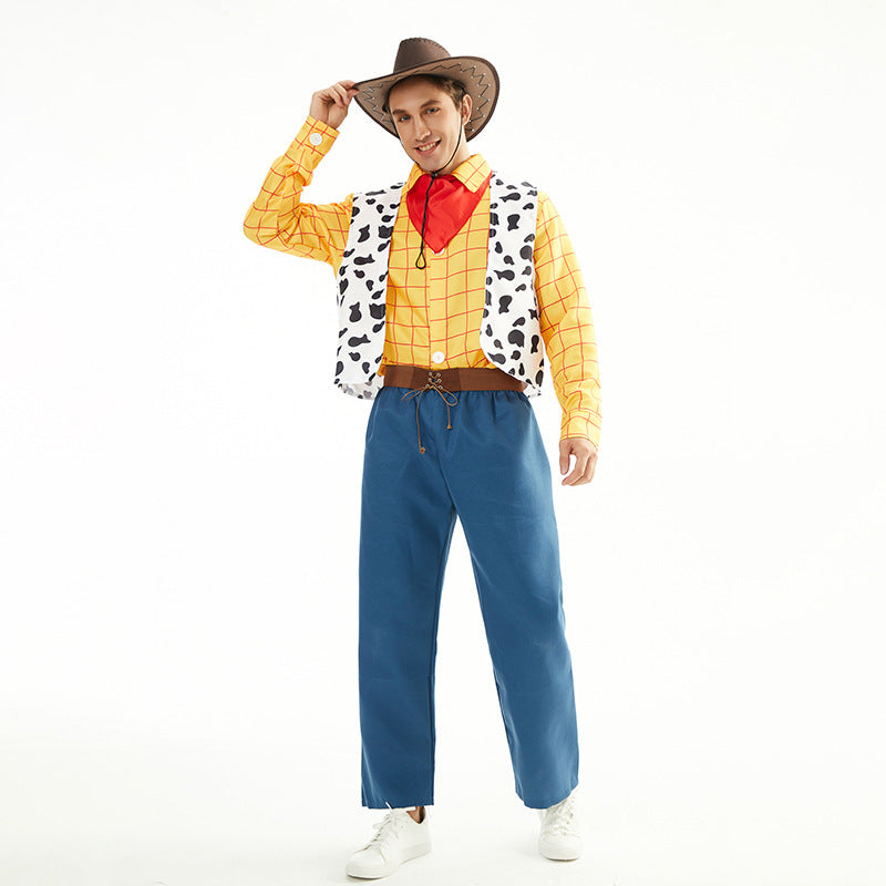 Cowboy and cowgirl Halloween costume with yellow check shirt, cow-print vest, red neckerchief and blue skirt or pants - view 4
