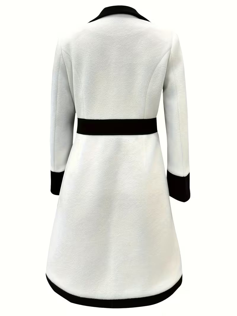 Formal white long sleeve coat dress with black lapels, cuffs and waistband - view 2
