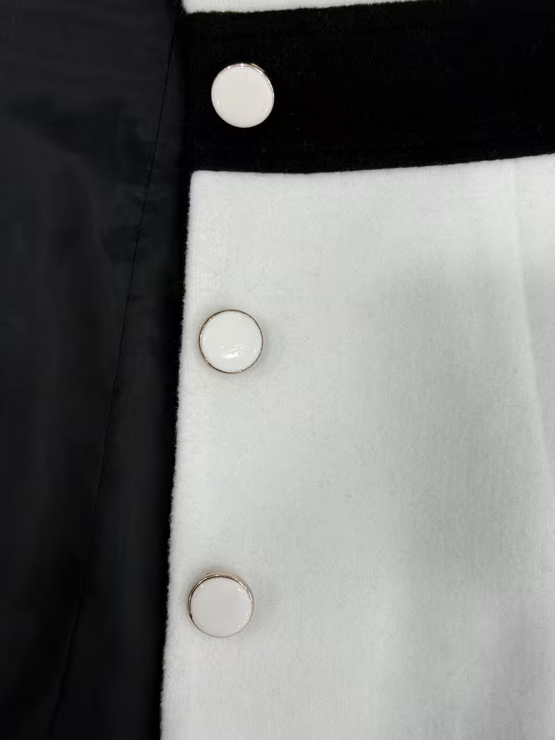 Formal white long sleeve coat dress with black lapels, cuffs and waistband - view 3