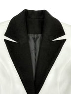 Formal white long sleeve coat dress with black lapels, cuffs and waistband - view 4