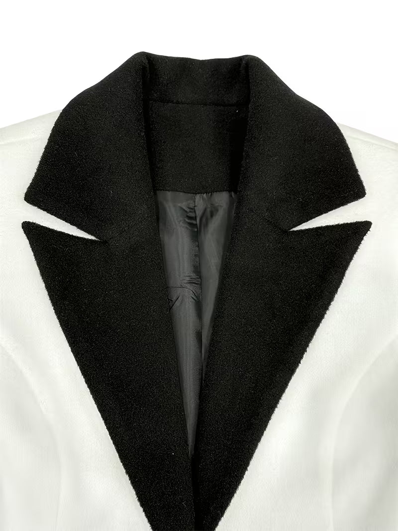 Formal white long sleeve coat dress with black lapels, cuffs and waistband - view 4