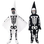 Kids skeleton Halloween costume with pointed skull hood, wing-like cape and gloves in black and white