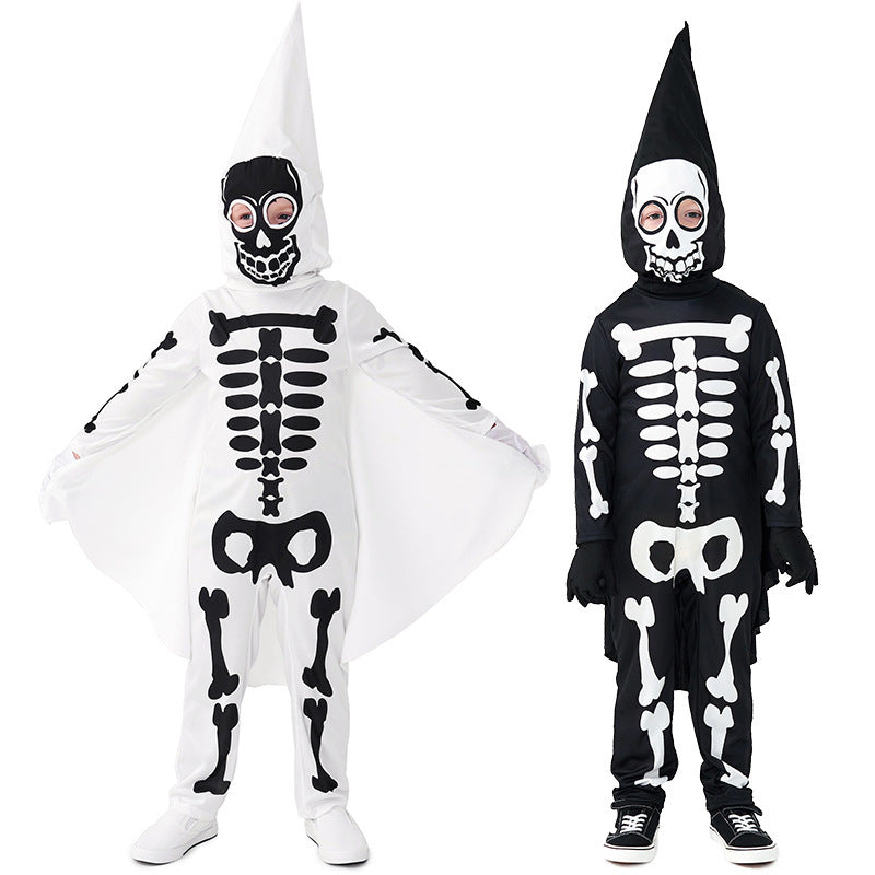 Kids skeleton Halloween costume with pointed skull hood, wing-like cape and gloves in black and white