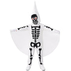 Kids skeleton Halloween costume with pointed skull hood, wing-like cape and gloves in black and white - view 2
