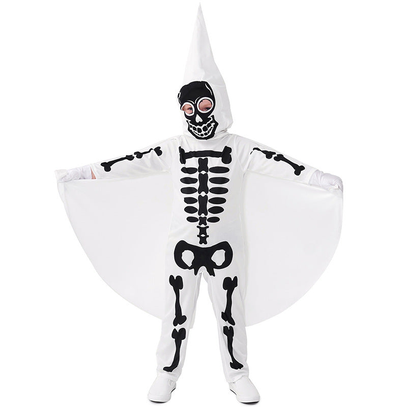Kids skeleton Halloween costume with pointed skull hood, wing-like cape and gloves in black and white - view 2