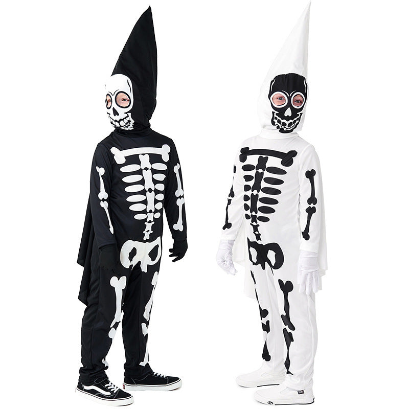 Kids skeleton Halloween costume with pointed skull hood, wing-like cape and gloves in black and white - view 3