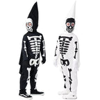 Kids skeleton Halloween costume with pointed skull hood, wing-like cape and gloves in black and white - view 3