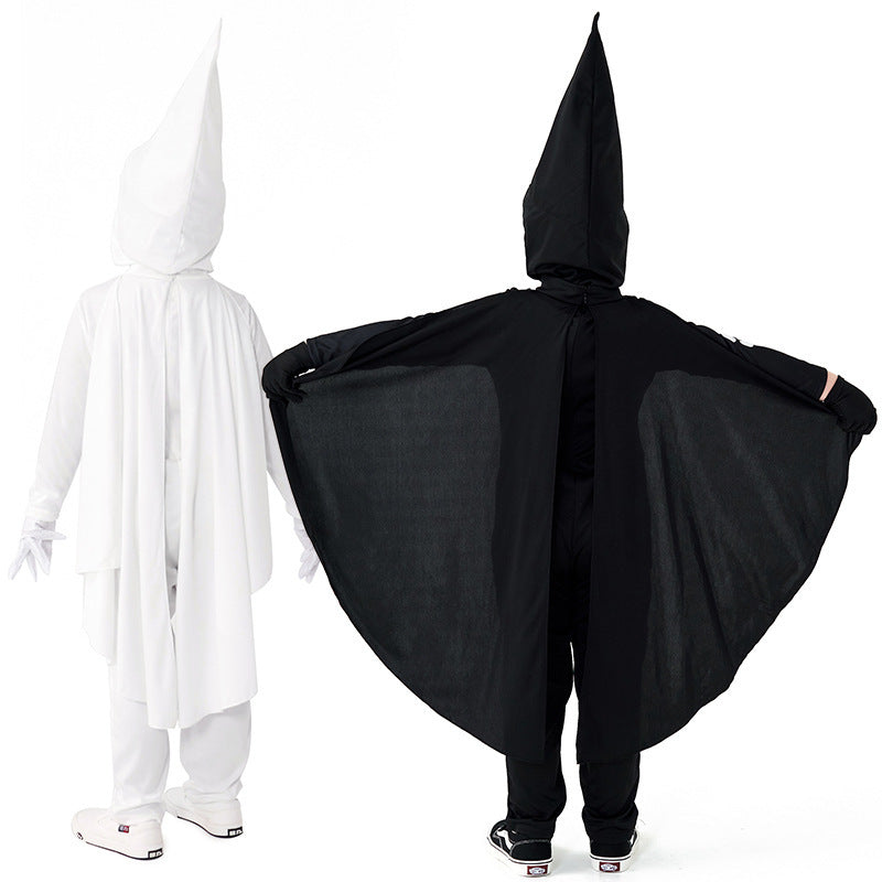 Kids skeleton Halloween costume with pointed skull hood, wing-like cape and gloves in black and white - view 4