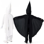 Kids skeleton Halloween costume with pointed skull hood, wing-like cape and gloves in black and white - view 4