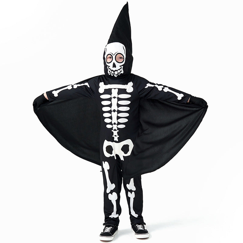 Kids skeleton Halloween costume with pointed skull hood, wing-like cape and gloves in black and white - view 5