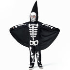 Kids skeleton Halloween costume with pointed skull hood, wing-like cape and gloves in black and white - view 5