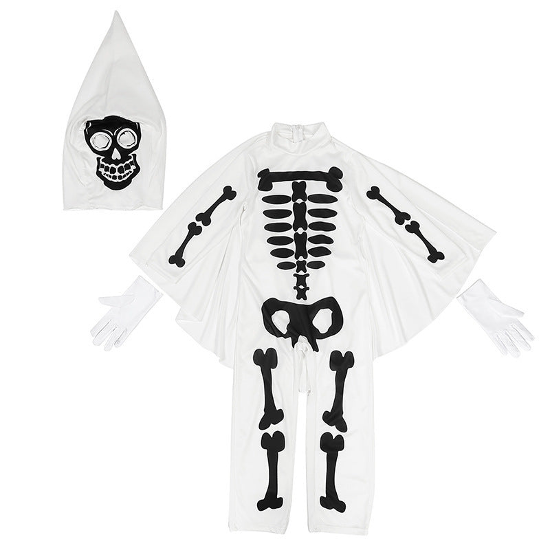 Kids skeleton Halloween costume with pointed skull hood, wing-like cape and gloves in black and white - view 7