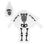 Kids skeleton Halloween costume with pointed skull hood, wing-like cape and gloves in black and white - view 7