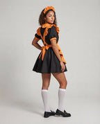 Women's maid Halloween costume dress with ruffled apron, Peter Pan collar and puff sleeves