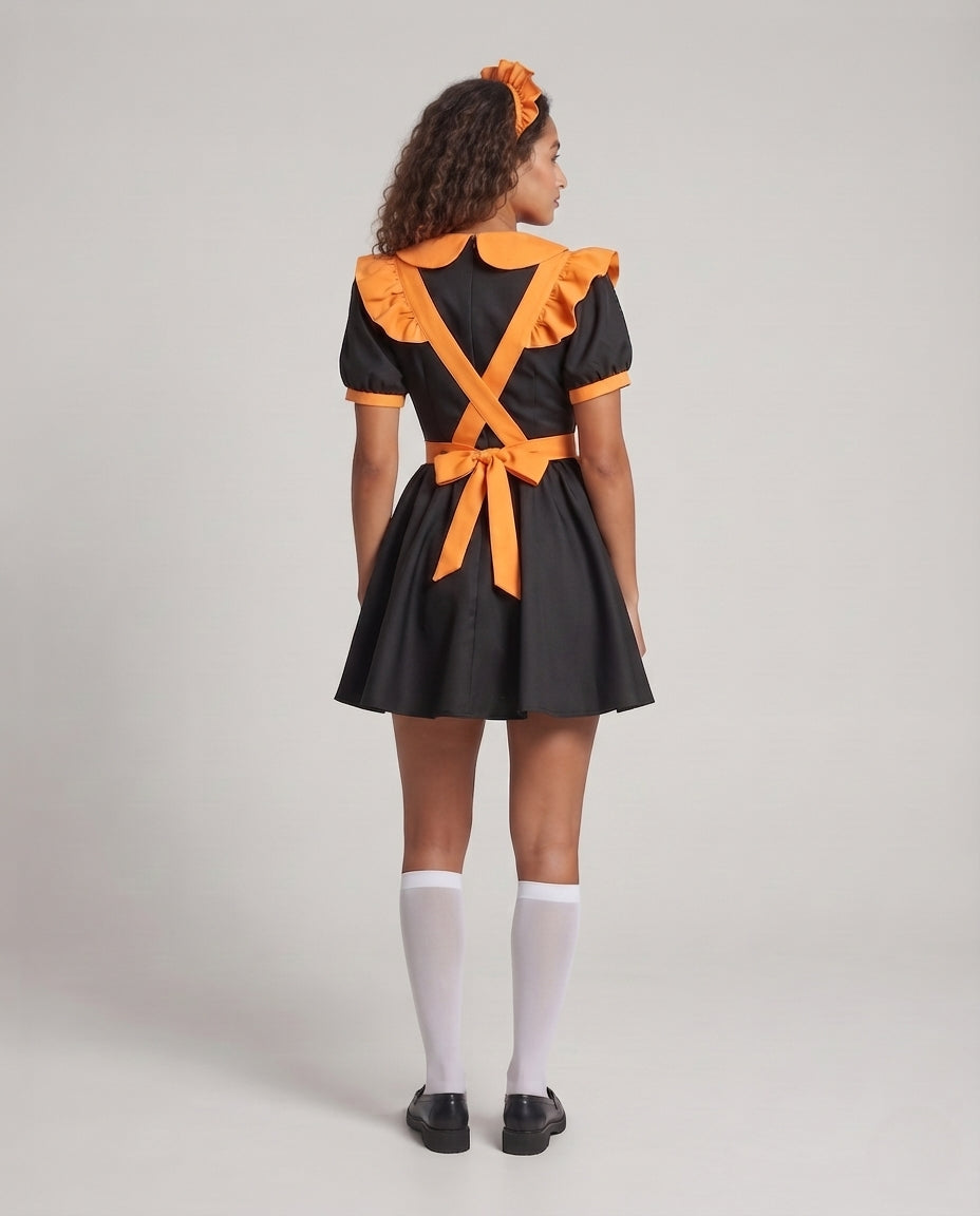 Women's maid Halloween costume dress with ruffled apron, Peter Pan collar and puff sleeves - view 3