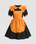 Women's maid Halloween costume dress with ruffled apron, Peter Pan collar and puff sleeves - view 4