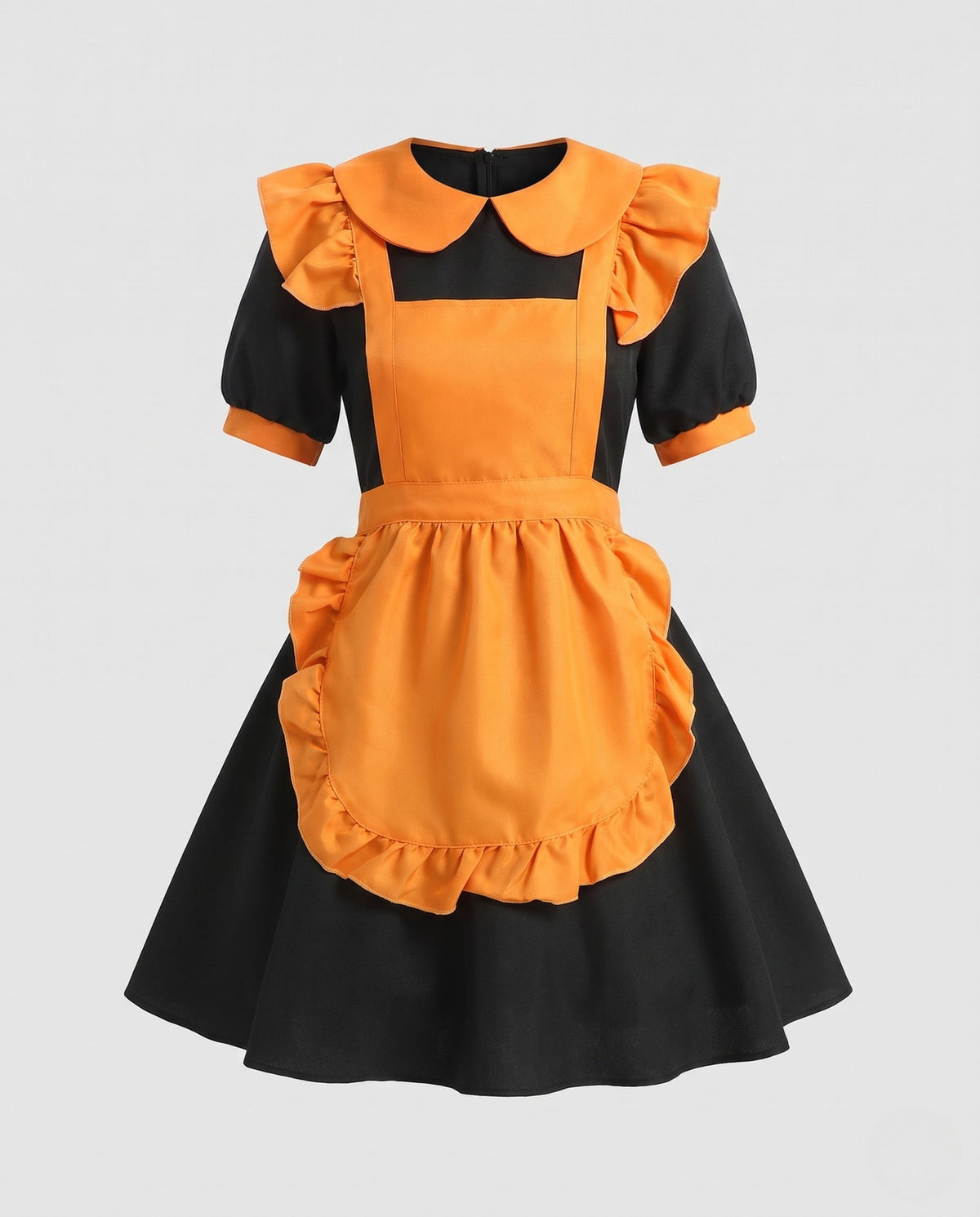 Women's maid Halloween costume dress with ruffled apron, Peter Pan collar and puff sleeves - view 4