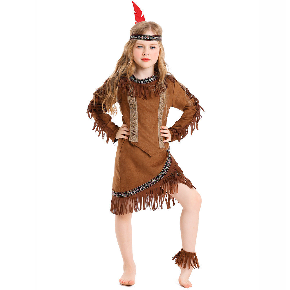 Girls brown fringe Halloween costume set with tunic top, asymmetric skirt, red feather headband and ankle cuffs