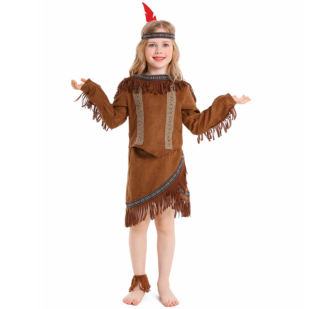 Girls brown fringe Halloween costume set with tunic top, asymmetric skirt, red feather headband and ankle cuffs - view 2