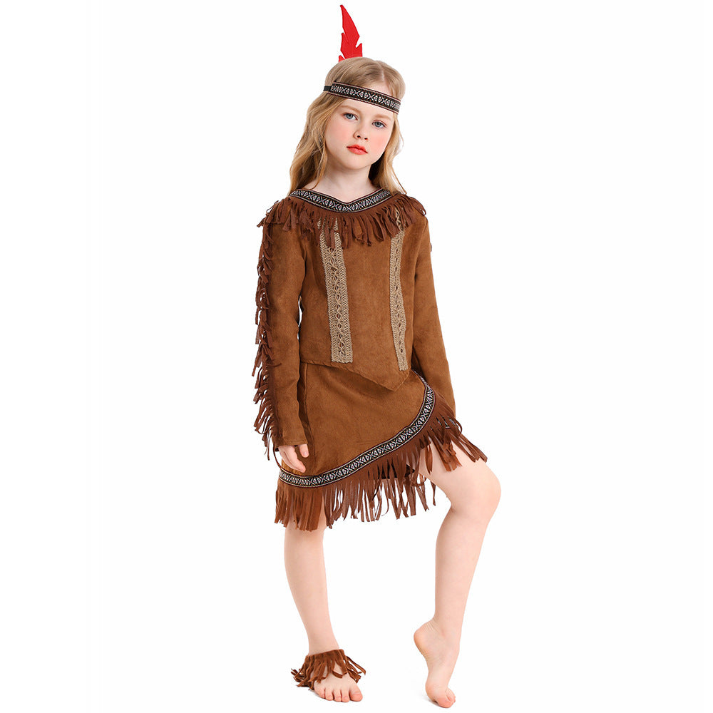 Girls brown fringe Halloween costume set with tunic top, asymmetric skirt, red feather headband and ankle cuffs - view 3