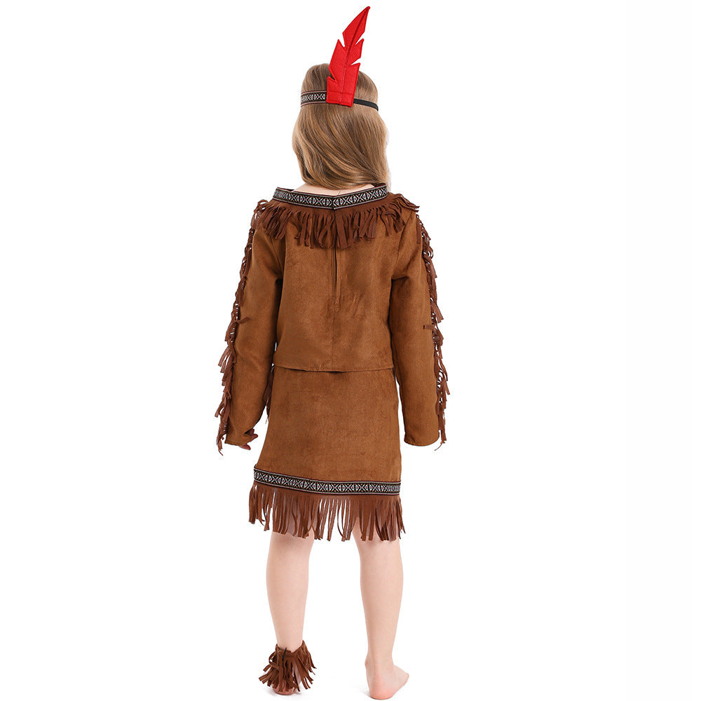 Girls brown fringe Halloween costume set with tunic top, asymmetric skirt, red feather headband and ankle cuffs - view 4